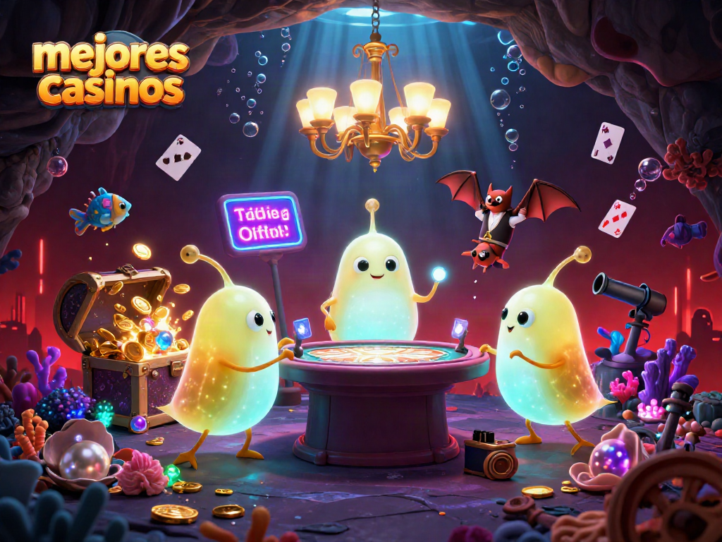 Ilumina tus apuestas en los mejores casinos con ambientación lúdica de personajes como luciérnagas iluminando un casino único.