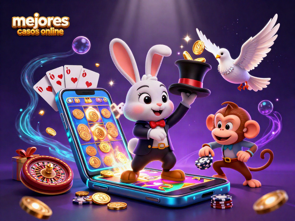 Ilustración de mejores casinos online con un conejo mago y una paloma ayudante rodeados de monedas y cartas.