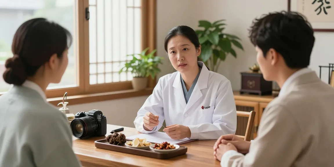 Consultation at 영통한의원 showing a practitioner and patient in a soothing environment.