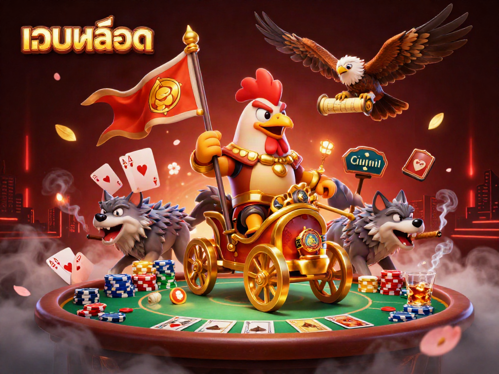 Experience thrilling เว็บสล็อต action in this vibrant 3D illustration with a rooster warlord and poker elements.