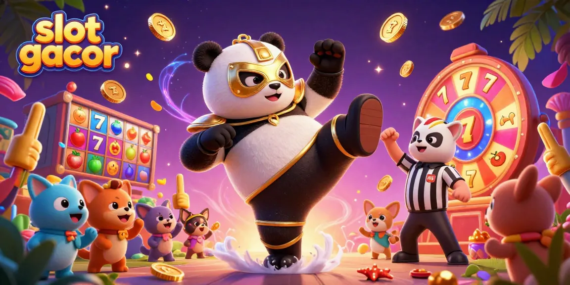 Slot gacor menampilkan panda pegulat dengan elemen permainan slot dan jackpot yang dinamis.