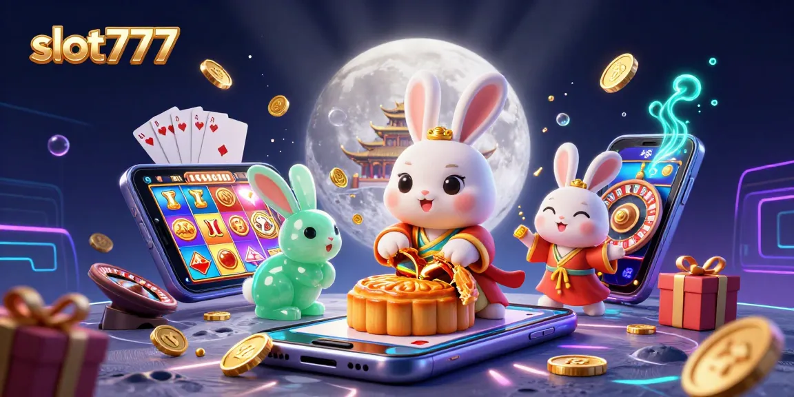 slot777 membuka peluang menang dengan ilustrasi koin emas, permainan slot, dan karakter kucing bulan yang beraksi