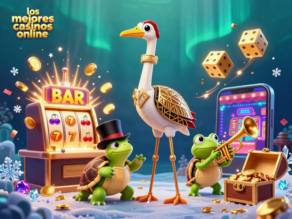 Ilustración 3D vibrante sobre los mejores casinos online, muestra una escena dinámica con personajes de casino y elementos de juego.