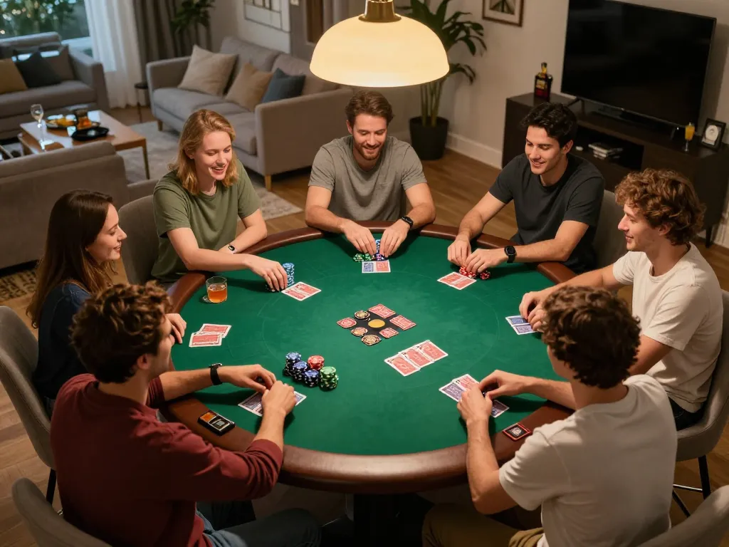 Players enjoying a poker game at home, highlighting the excitement of slot server thailand.