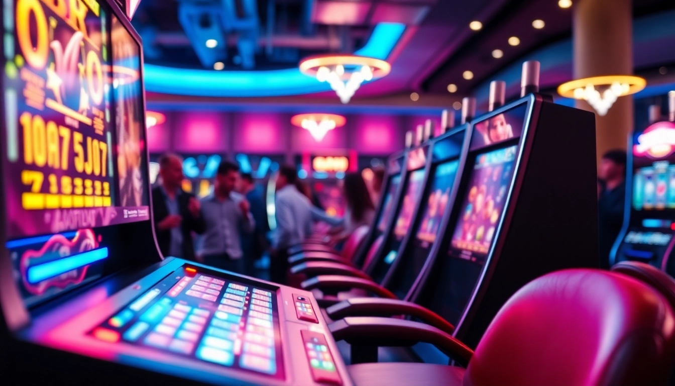Menangkan slot depo 1000 dalam suasana permainan kasino yang meriah dengan banyak lampu neon.