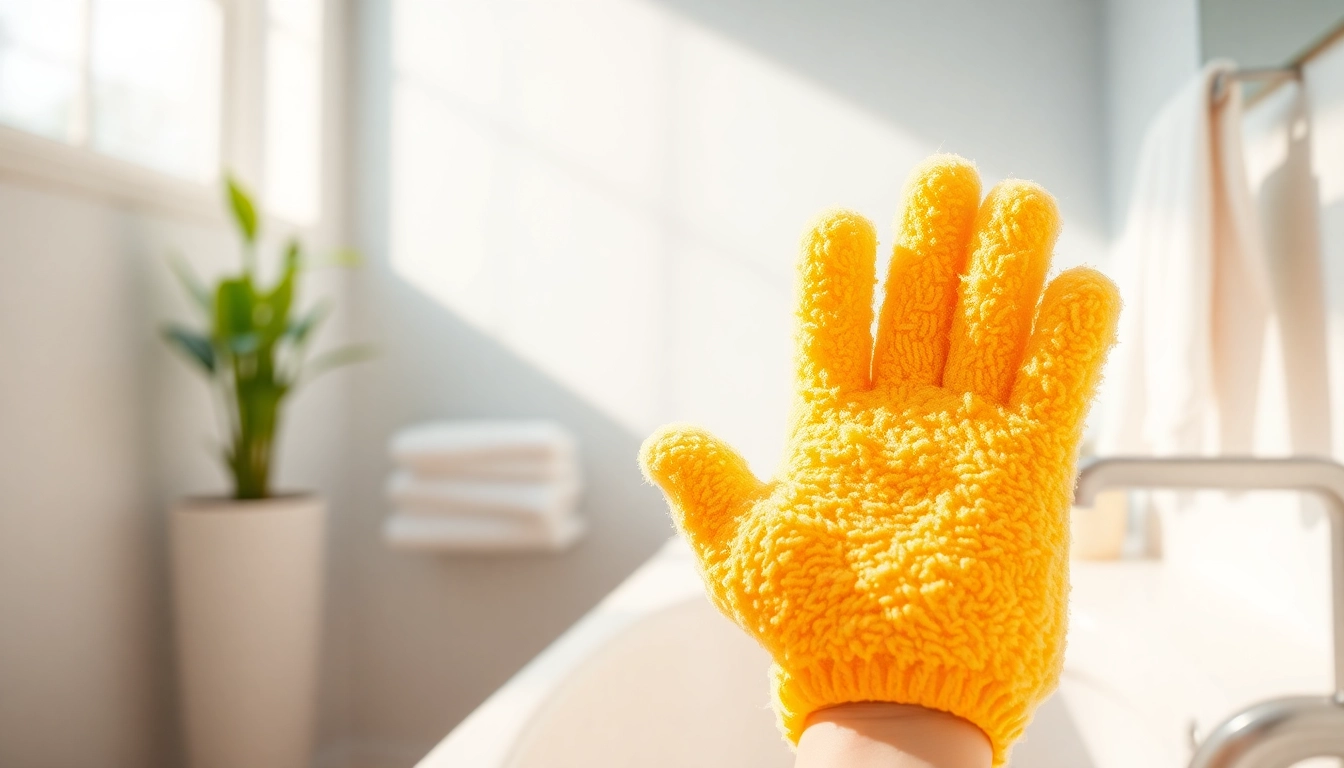 Using a hand loofah glove for an exfoliating bath experience by a sunny bathroom sink.