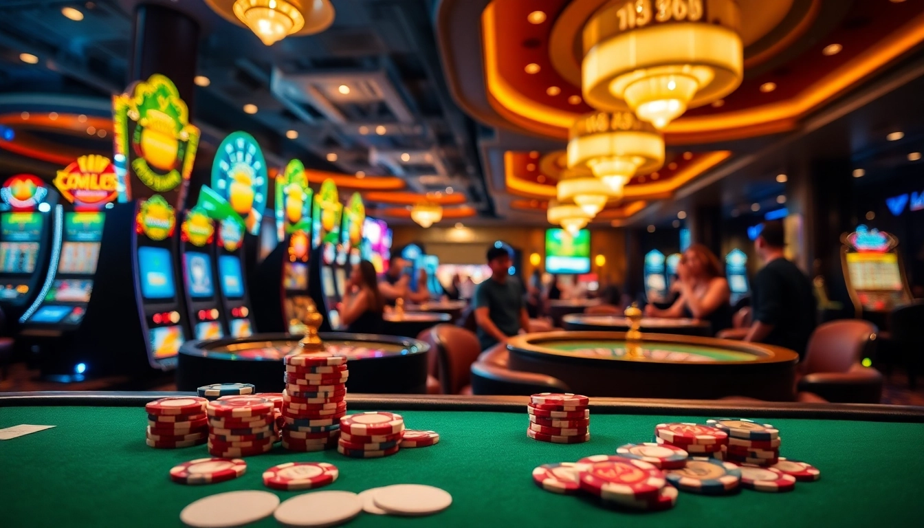 Players enjoying a lively gaming experience at Nhà Cái BJ888, featuring slot machines and poker tables.