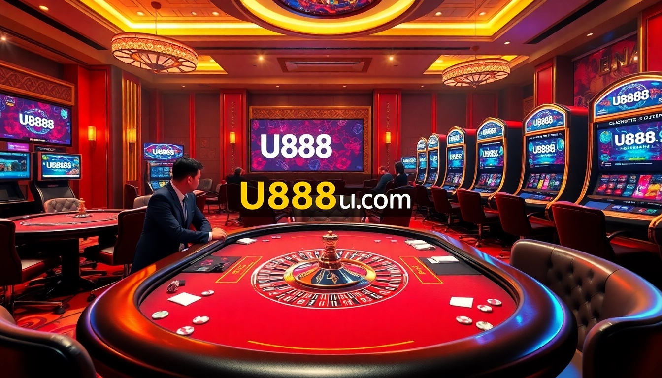 Experience gaming excitement at U888u88.com with a luxurious casino scene featuring poker, roulette, and slot machines.