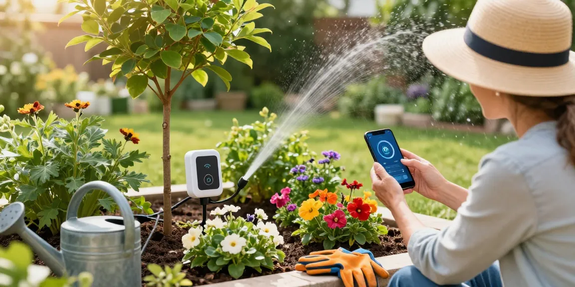 wifi sprinkler controller in use by a homeowner in a flourishing garden setting, showcasing efficient plant care.