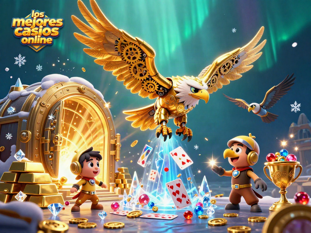 Experimenta los mejores casinos online en una escena vibrante de casino con oro y juegos de cartas.