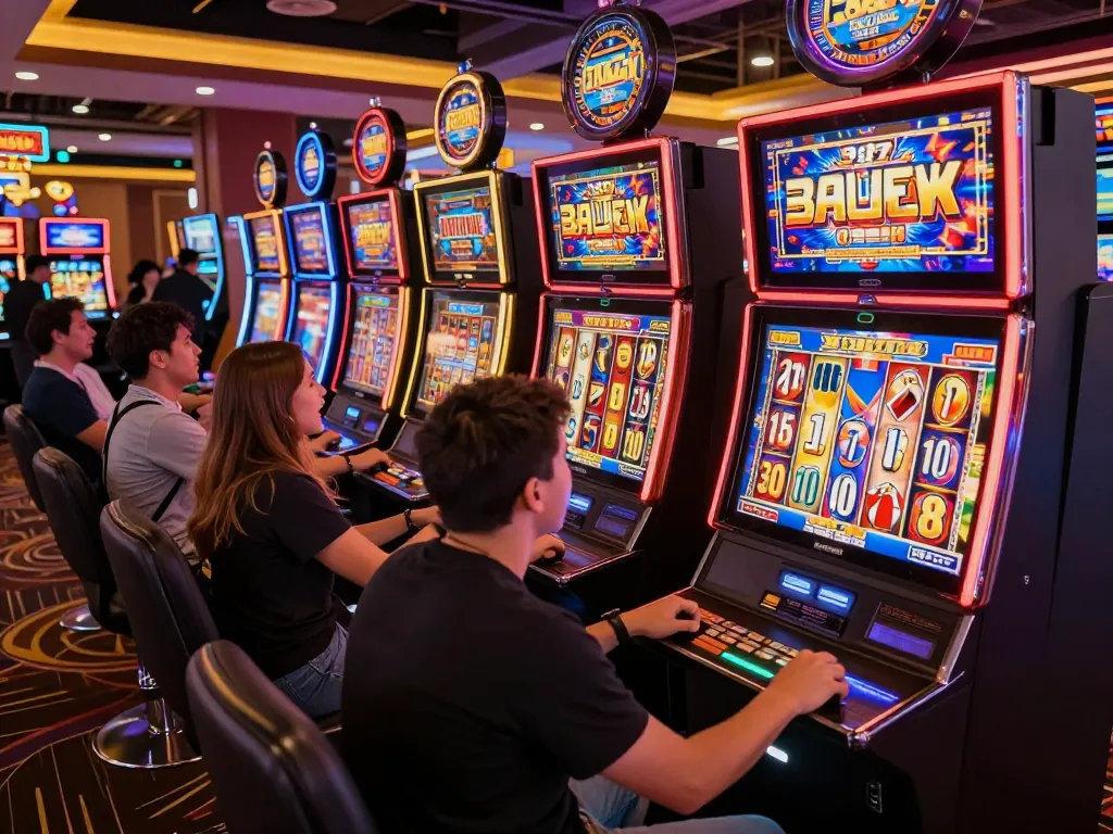 Players enjoying slot777 games at a lively casino, immersed in vibrant neon ambiance