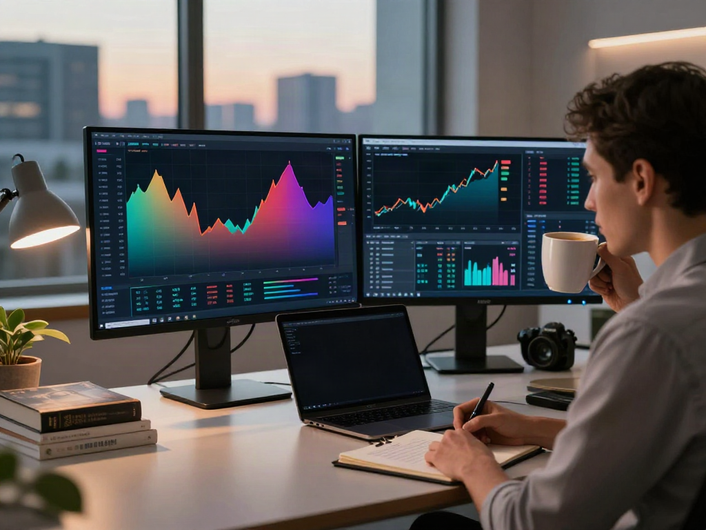 Working trader analyzing trends on TradingView charts in a modern office.