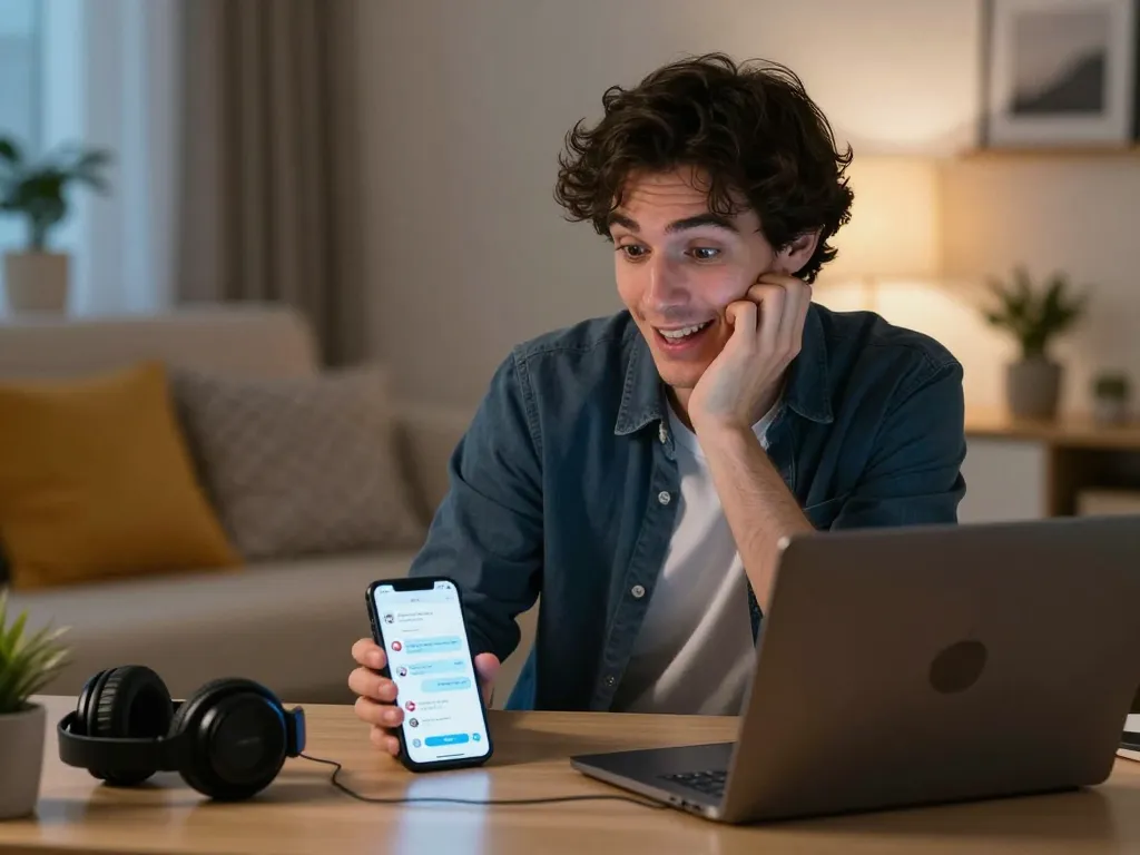 Adult enjoying interactive nsfw chat on laptop in cozy home office setting with ambient lighting.