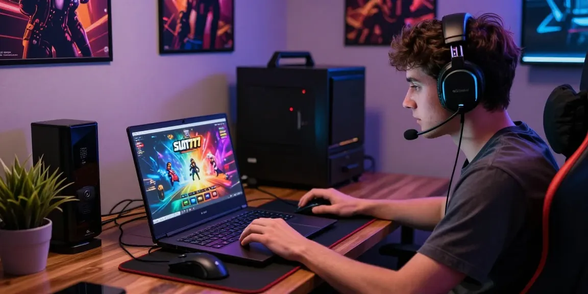 Gamer fokus bermain slot777 dengan laptop dan aksesori gaming di meja.
