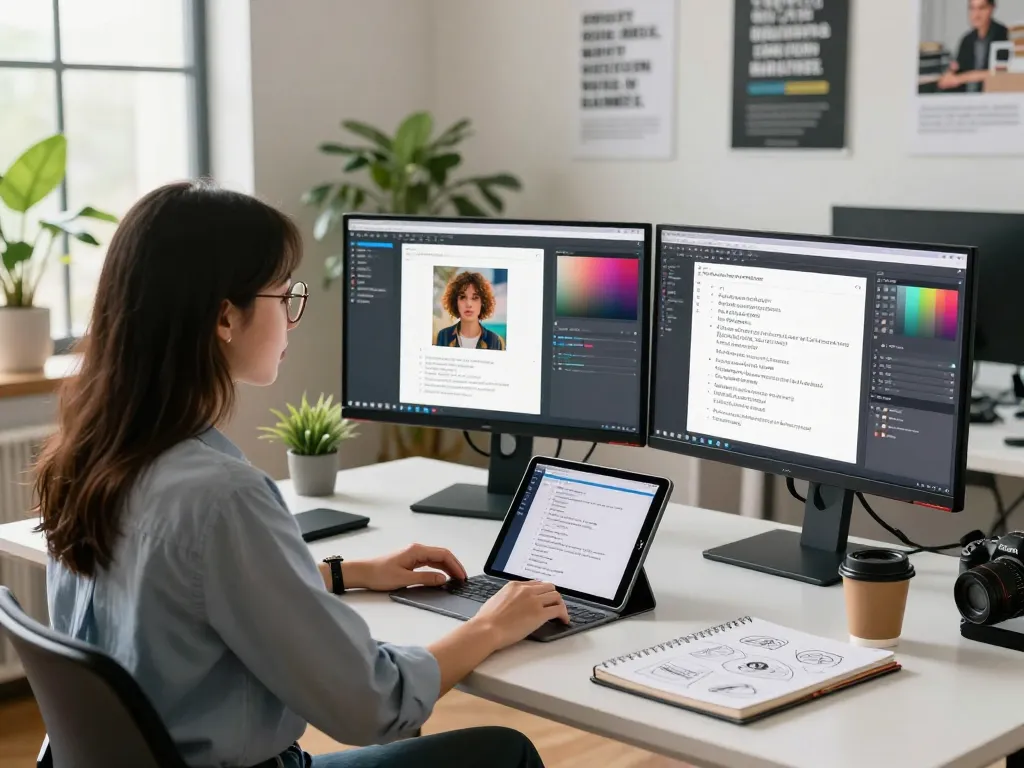 Using image to prompt ai, young developer creates effective prompts in a bright workspace.