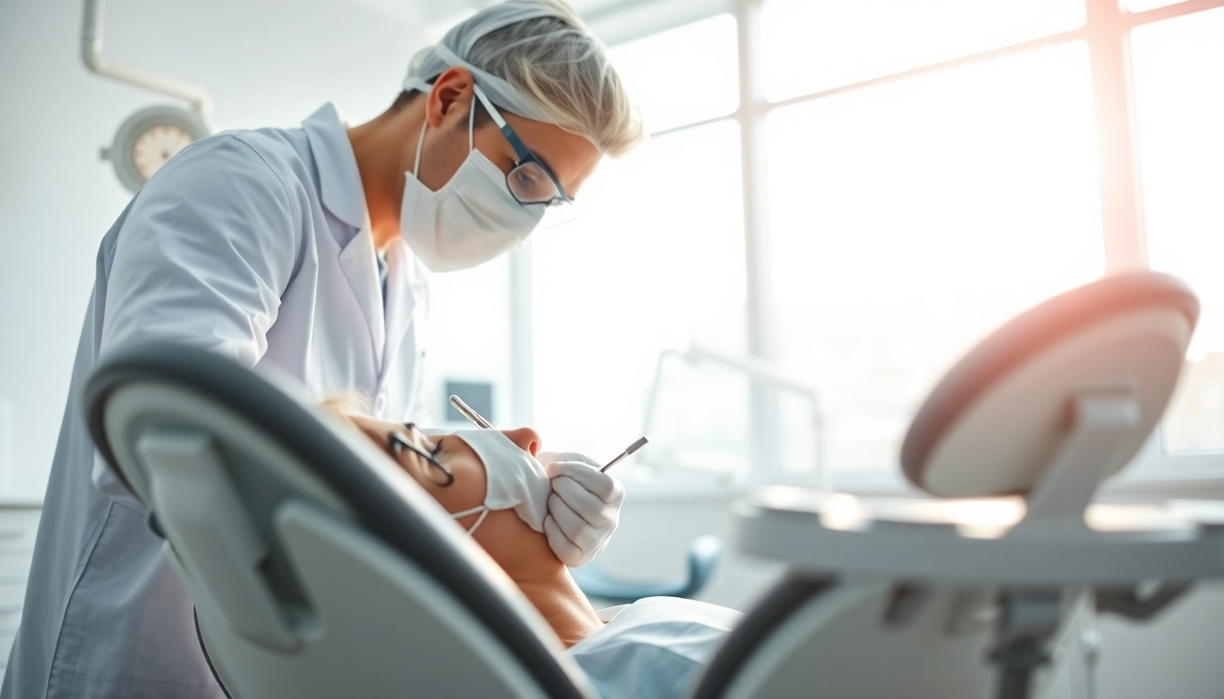 Dentist examining a patient's teeth in a bright clinic setting