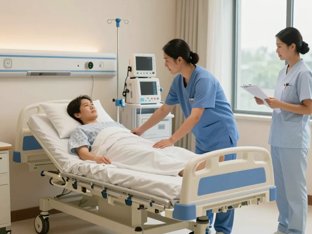 Adjustable giường bệnh nhân in a healthcare setting, emphasizing comfort and care.