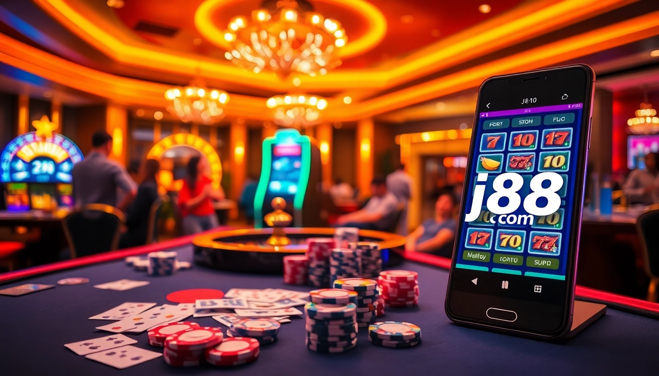 Players enjoying their experience at j88 com with vibrant casino elements and thrilling atmosphere.