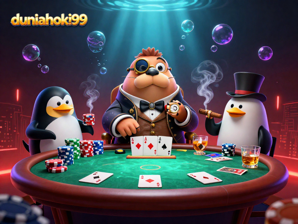 Menangkan meja poker di Duniahoki99 dengan walrus jolly dan dealer pinguin
