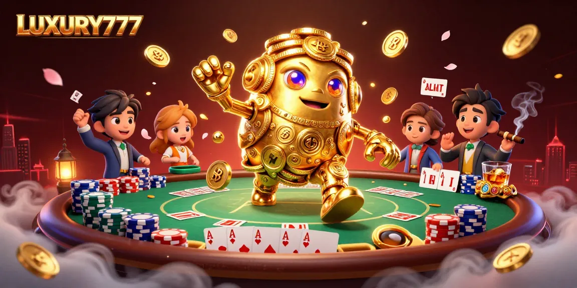 Menghadirkan LUXURY777, golem emas yang terbuat dari tumpukan koin bersinar di atas meja poker dengan kartu komunitas.