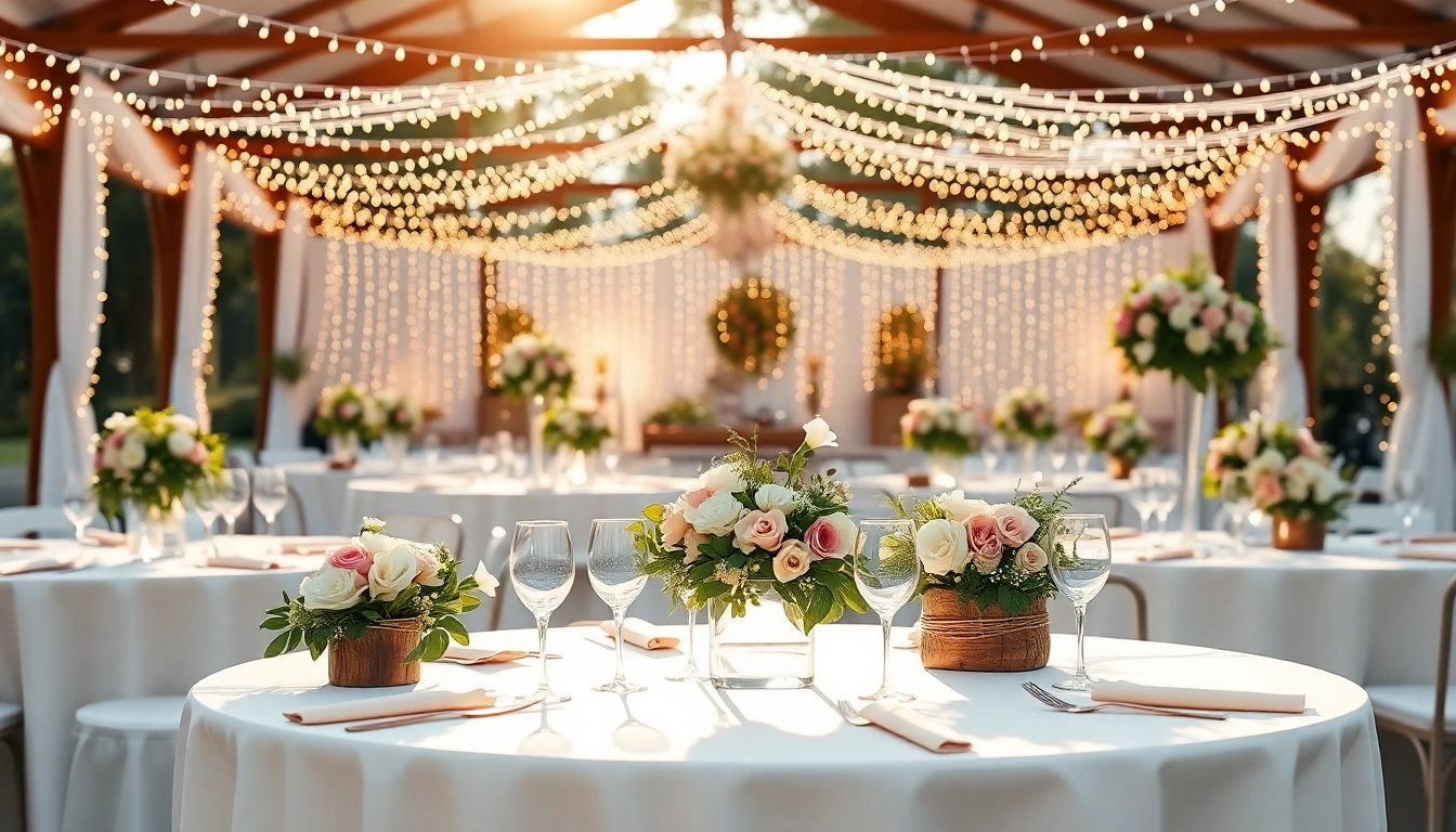 Wedding & Event Rentals beautifully arranged with elegant decor and twinkling lights.