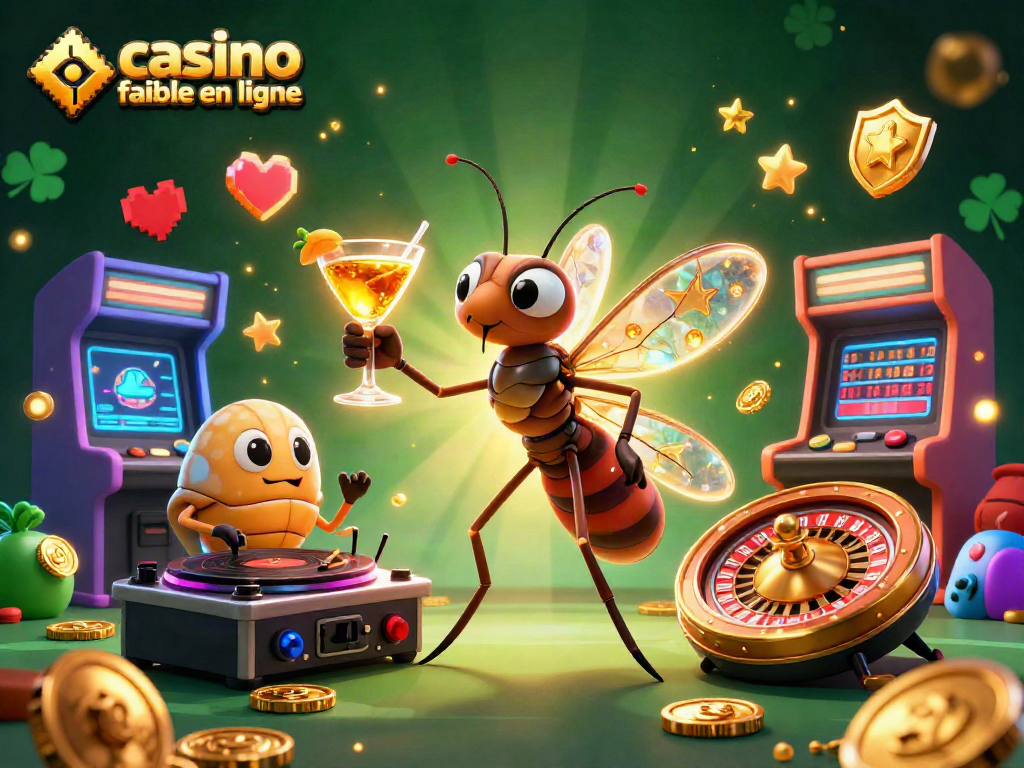 Une illustration 3D animée avec le thème d'un casino fiable en ligne, mettant en avant un moustique emblématique et un DJ trilobite.
