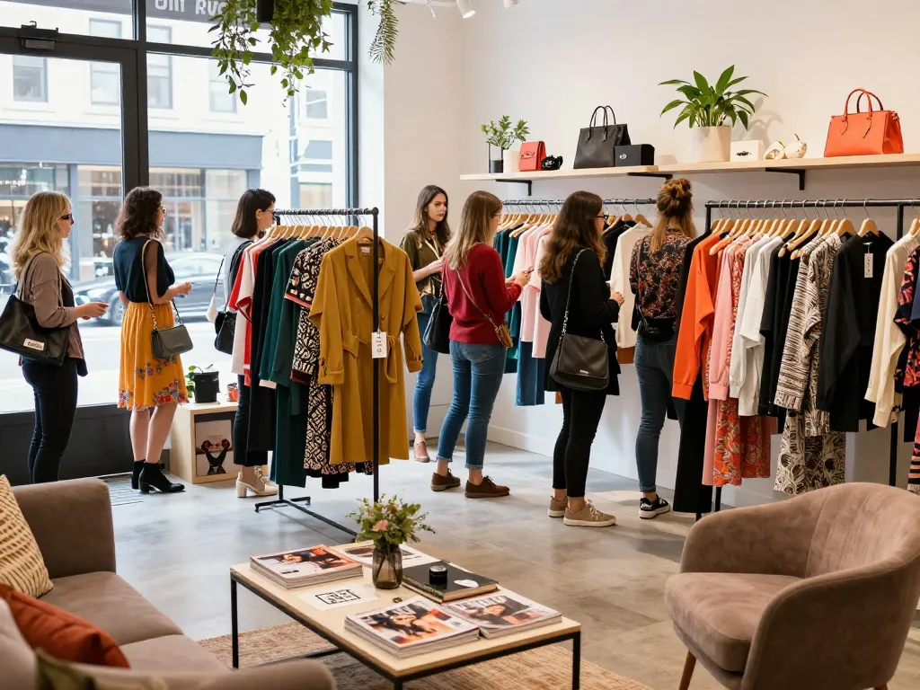 Engaging shopping experience at a 레플리카 사이트 showcasing trendy fashion pieces in a vibrant urban boutique.