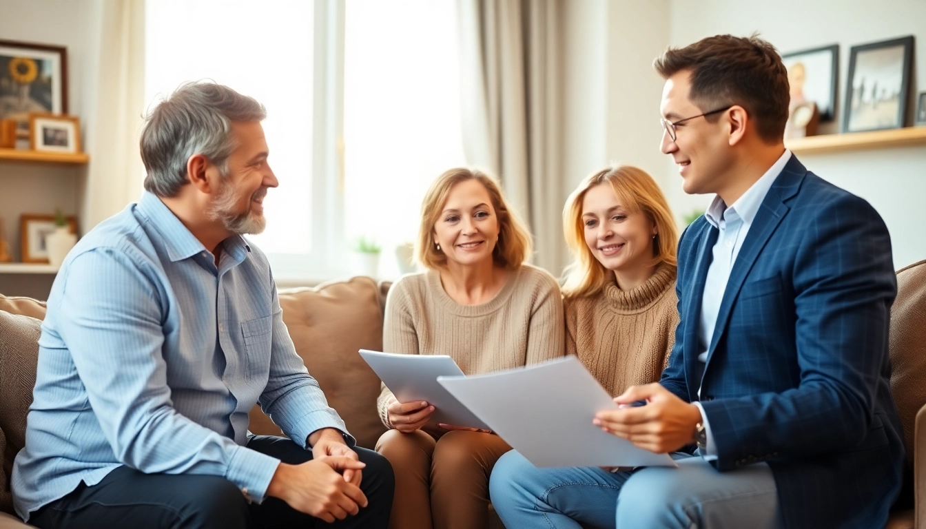 Evaluate life insurance options in a professional family setting with a financial advisor.