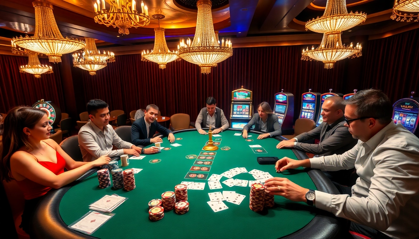 Exciting Game THABET poker session with players and colorful chips in a luxurious casino.