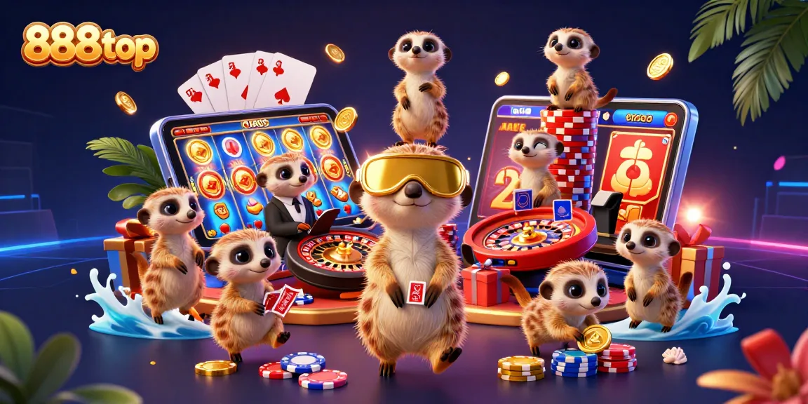 Engage in thrilling gameplay at 888top with vibrant meerkats managing a bustling casino scene.