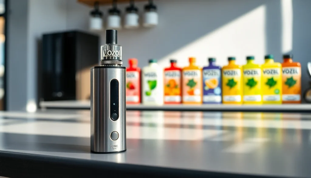 Vozol Vista Plug auf einem eleganten Tisch mit einer Auswahl an lebendigen Geschmacksrichtungen.