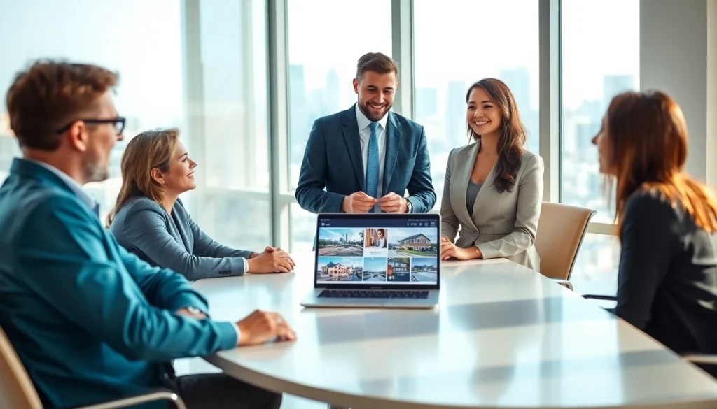 Real Estate agent advising clients in a modern office setting with city views.