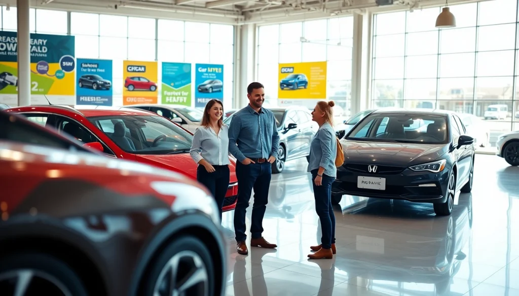 Buy a car from a friendly dealership with various models showcased in bright light.