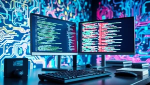 Enhance your understanding of Technology with a high-tech workspace featuring advanced computer setups.