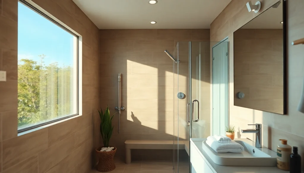 Admire the elegant sirhona fr bathroom design with a modern shower and bright mirror.