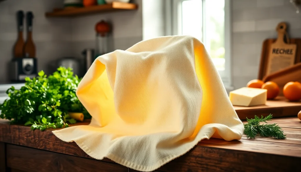 Kaasdoek draped over een houten aanrecht met verse ingrediënten en een kruidenboek.