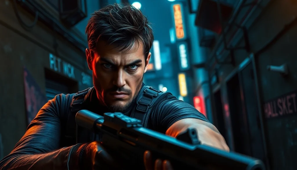 Protagonist poised for action in a gritty setting, embodying the essence of Better than Reacher.