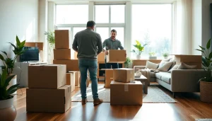 Efficient Toronto moving services team organizing furniture and boxes in a bright living room.