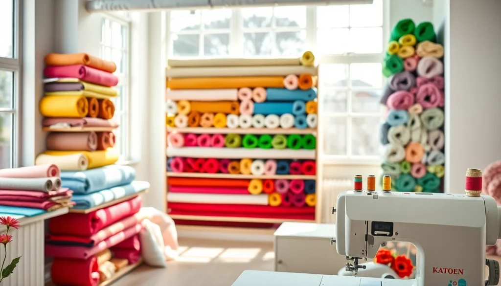 Katoen stoffen in diverse kleuren prachtig opgesteld in een lichte naaiatelier.