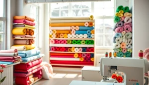 Katoen stoffen in diverse kleuren prachtig opgesteld in een lichte naaiatelier.