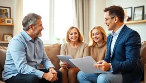 Evaluate life insurance options in a professional family setting with a financial advisor.