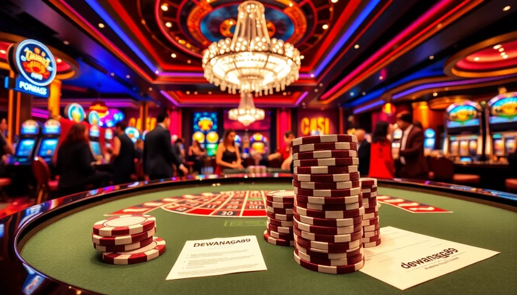 Adegan kasino dinamis dengan chip poker Dewanaga89 dan meja roulette, memancarkan kemewahan dan kegembiraan.