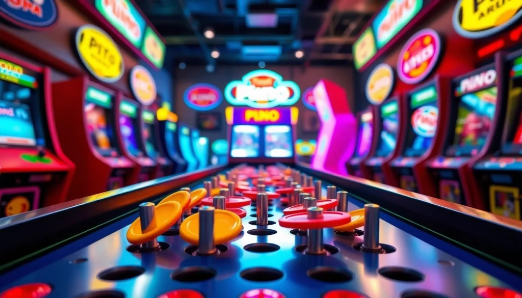 Main Plinko demo display with colorful discs dropping through pegs di tengah suasana arcade yang ceria.