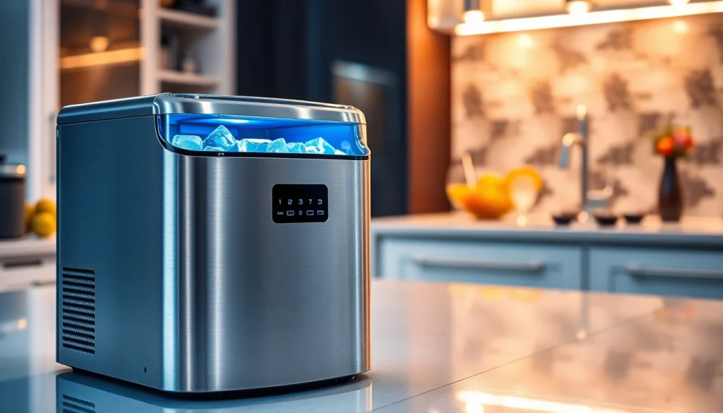 Efficient ice maker producing fresh ice cubes in a vibrant kitchen setting.