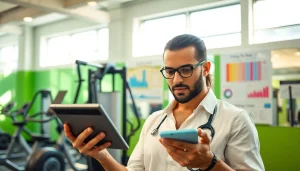 Reveal body fat percentage calculator results with a fitness expert analyzing data in a gym setting.