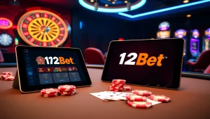 Exciting online betting experience with ink vao 12bet on tablet and smartphone surrounded by vibrant casino elements.
