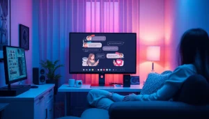 Engaging AI chat sex with a modern chatbot in a cozy setting.