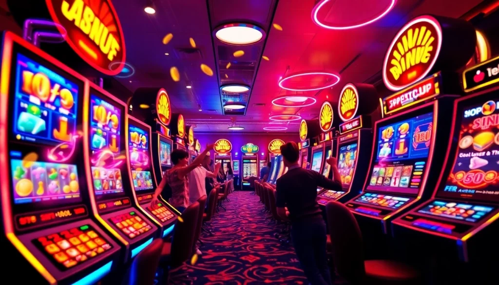 Exciting scene of digital slot gaming featuring hoki138 pro with vibrant slot machines and celebrations.