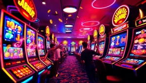 Exciting scene of digital slot gaming featuring hoki138 pro with vibrant slot machines and celebrations.