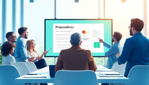 Engaged team collaborating on Proposal Writing and Management strategies in a bright, modern office.